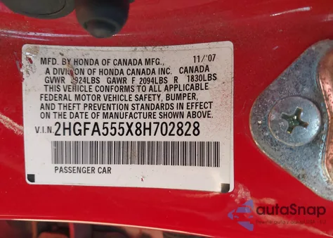 2008 Honda Civic Si/Si Mugen from USA, damaged, VIN 2HGFA555X8H702828